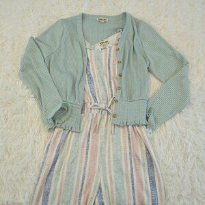 Girls 2-Piece Multi Color Strip Romper Pants Long Sleeve Button Sweater Size L